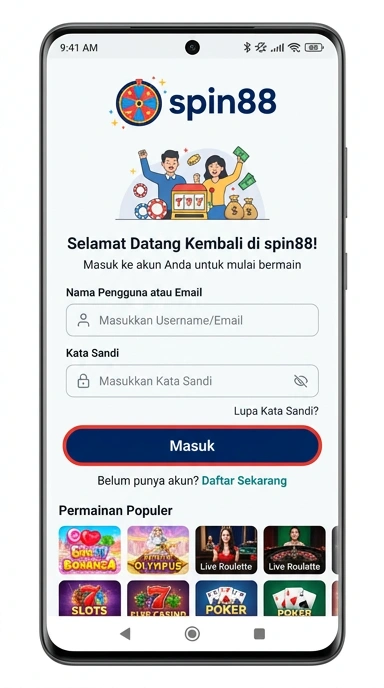 Tampilan halaman login spin88